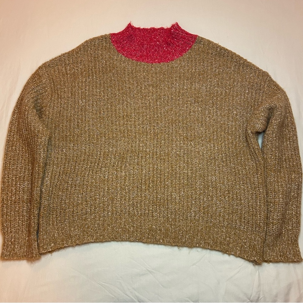 Anthropologie Tan Sweater with Red Cowl Neck